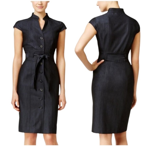 Calvin Klein Black Chambray Sheath Dress Button Up Belt Approx Size 2 READ - Picture 1 of 10